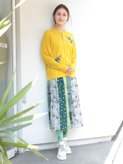 ハイツイストコットン フリンジフラワー刺繍ニットカーディガン 