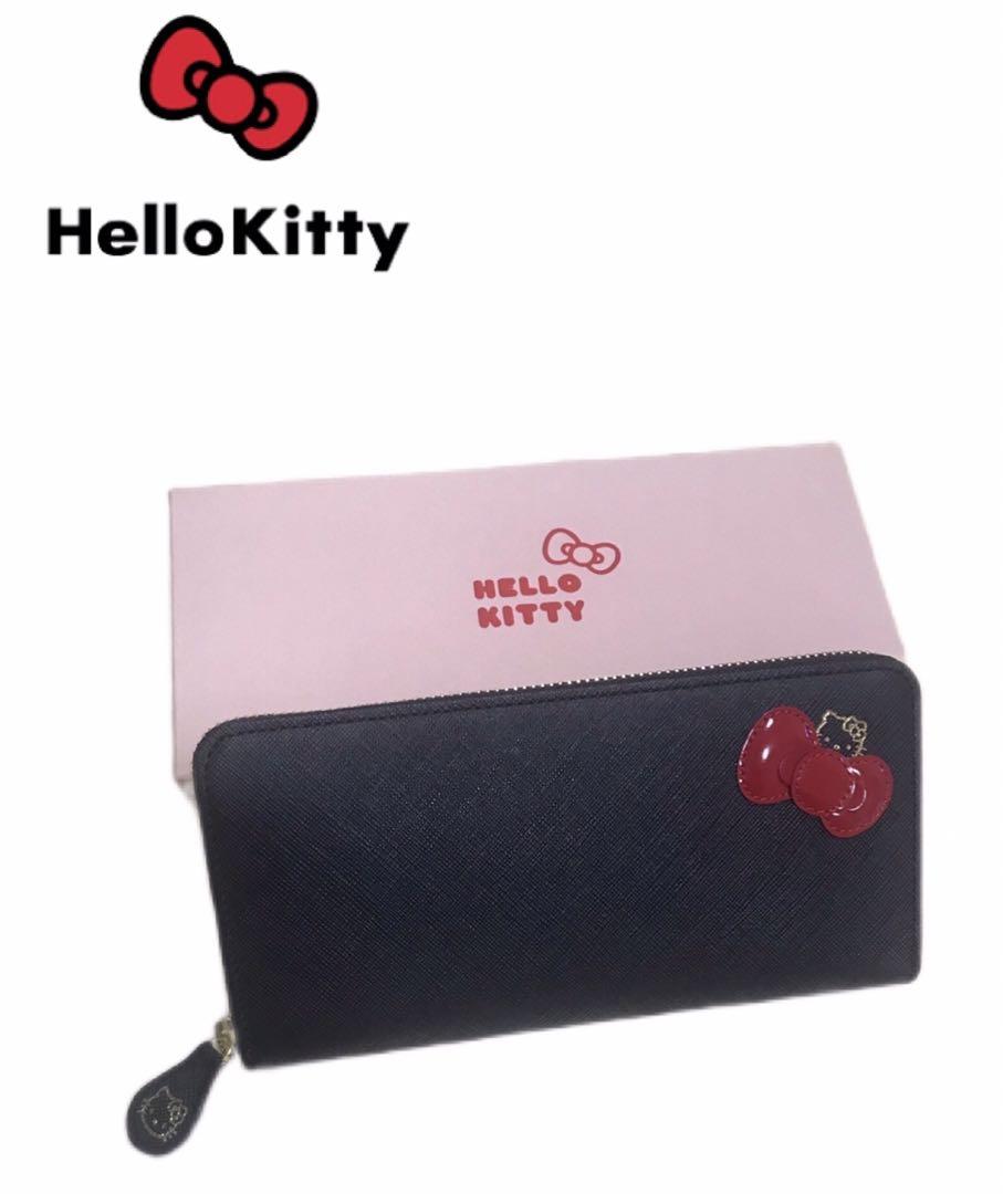 新品 財布 レディース 本革　ブラック ラウンド ハロー キティ 長財布